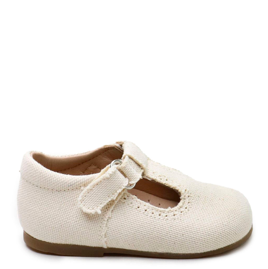 Papanatas Ivory Linen Velcro Baby T Strap-Tassel Children Shoes