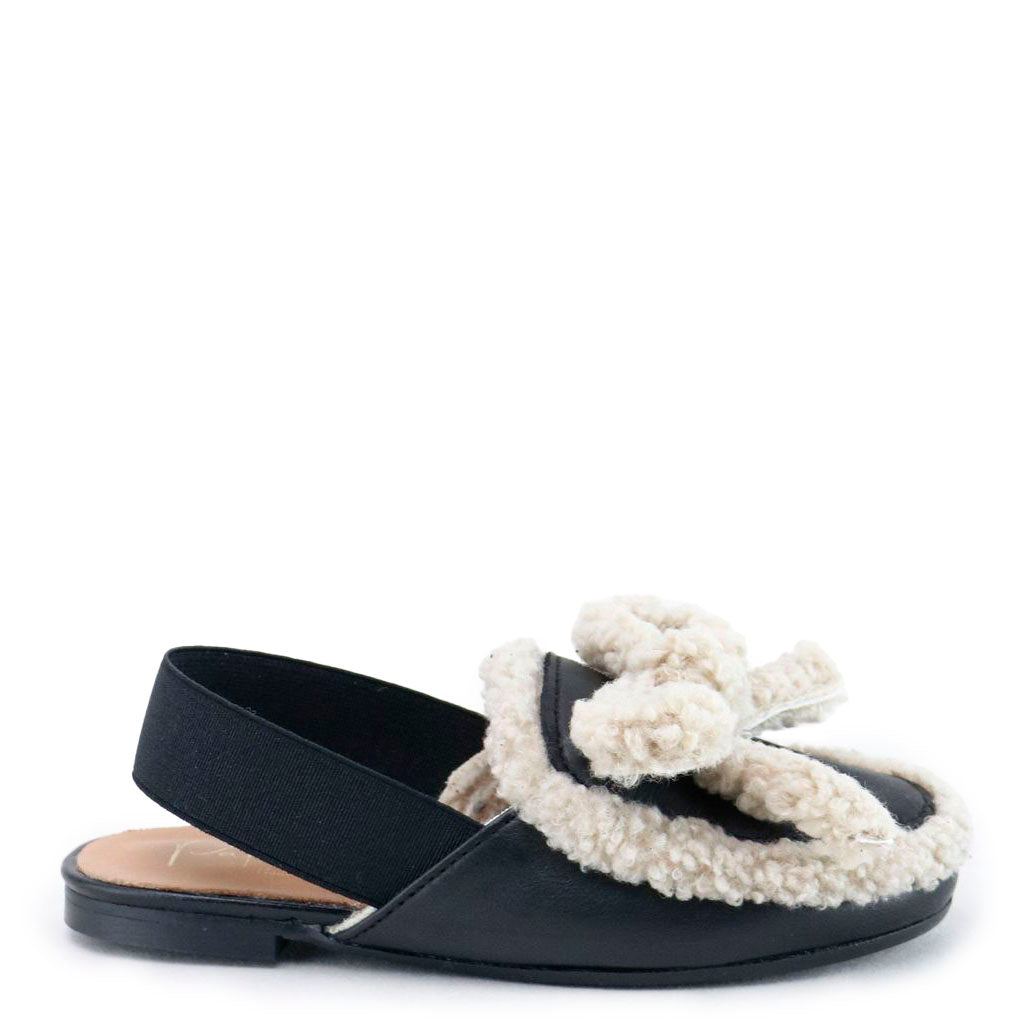 Papanatas Black and White Shearling Bow Mule-Tassel Children Shoes