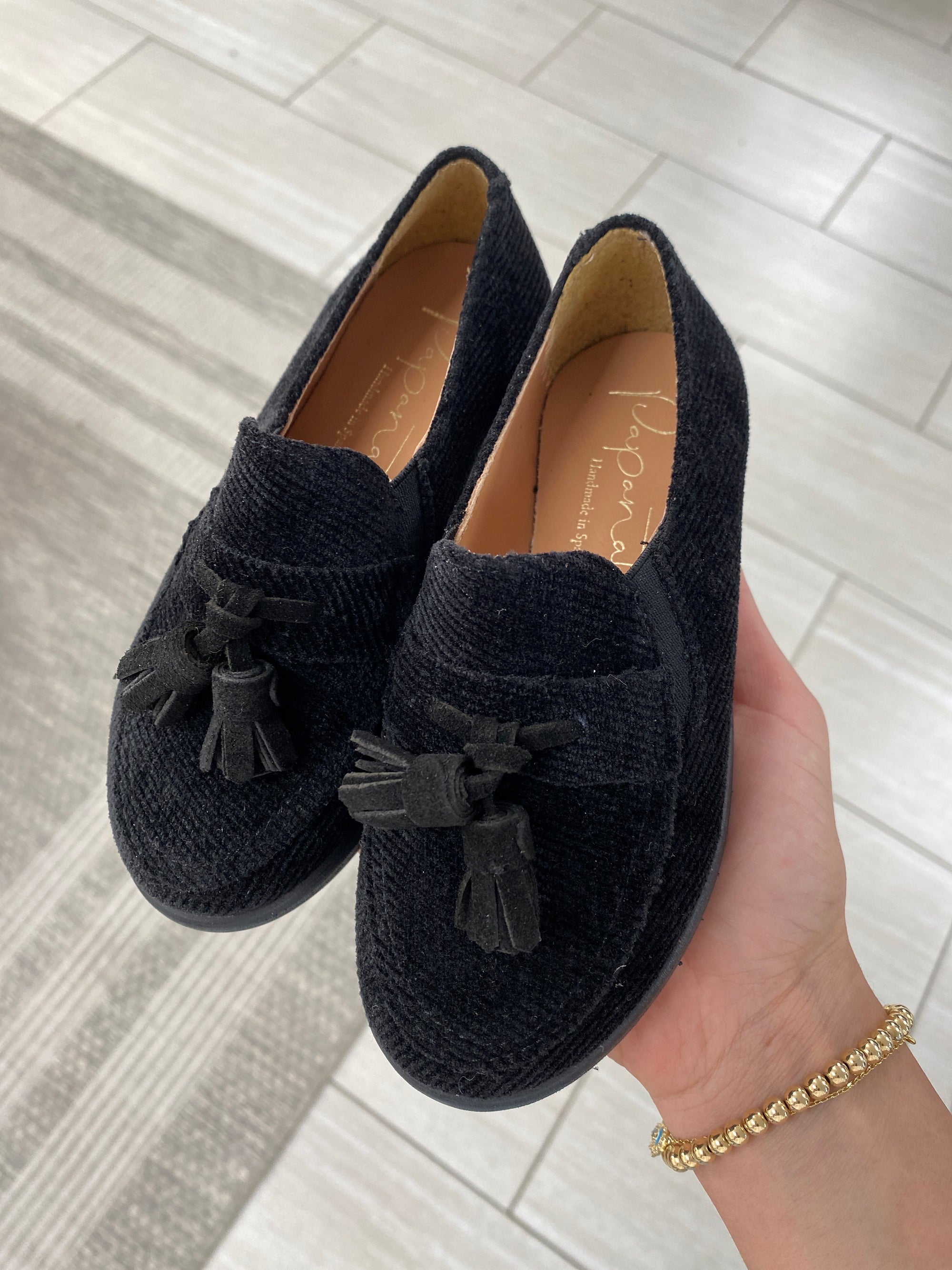 Papanatas Black Corduroy Tassel Loafer-Tassel Children Shoes