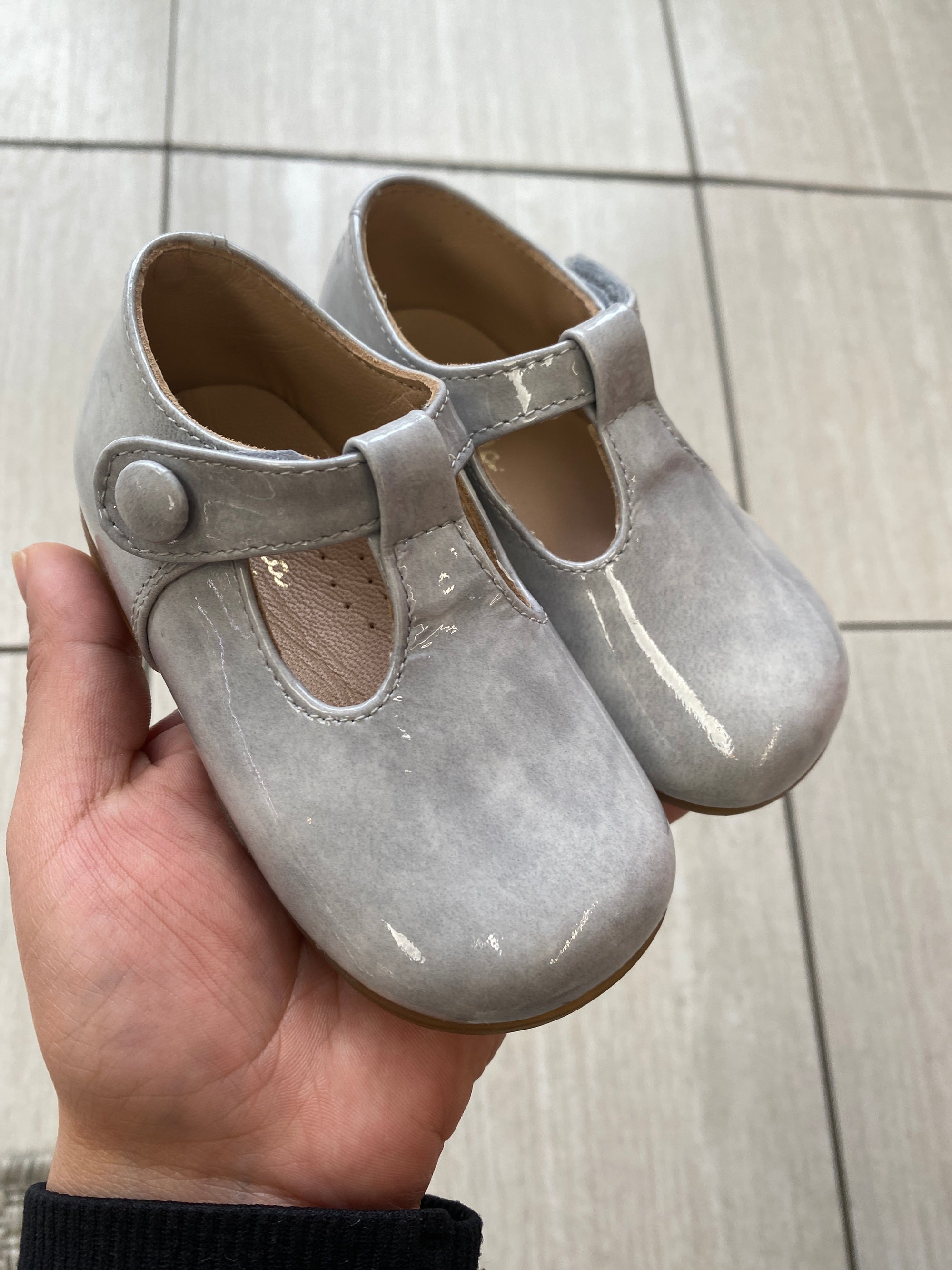 Papanatas Smoky Gray Patent Baby T Strap-Tassel Children Shoes