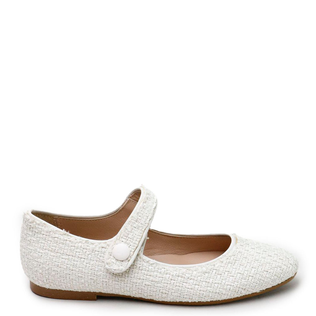 Papanatas White Linen Pointed Mary Jane-Tassel Children Shoes