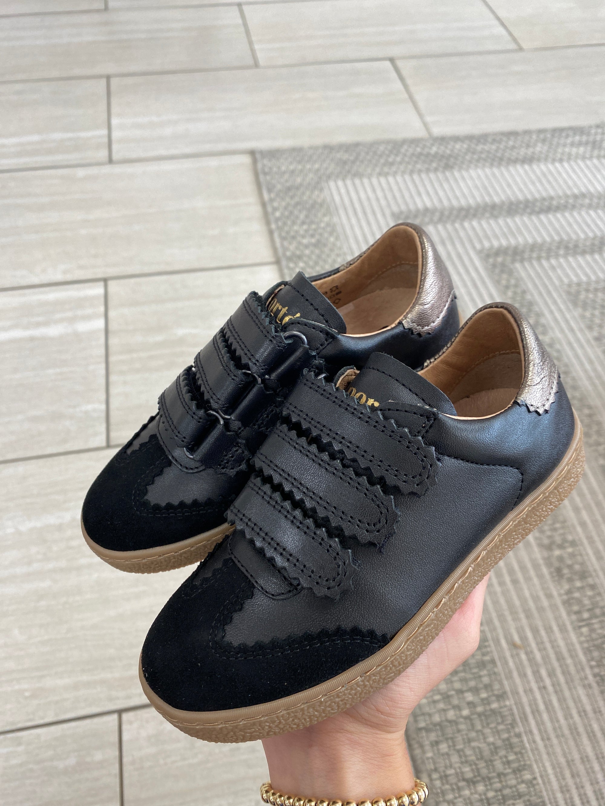 Porte Black and Gold Scalloped Velcro Sneaker-Tassel Children Shoes