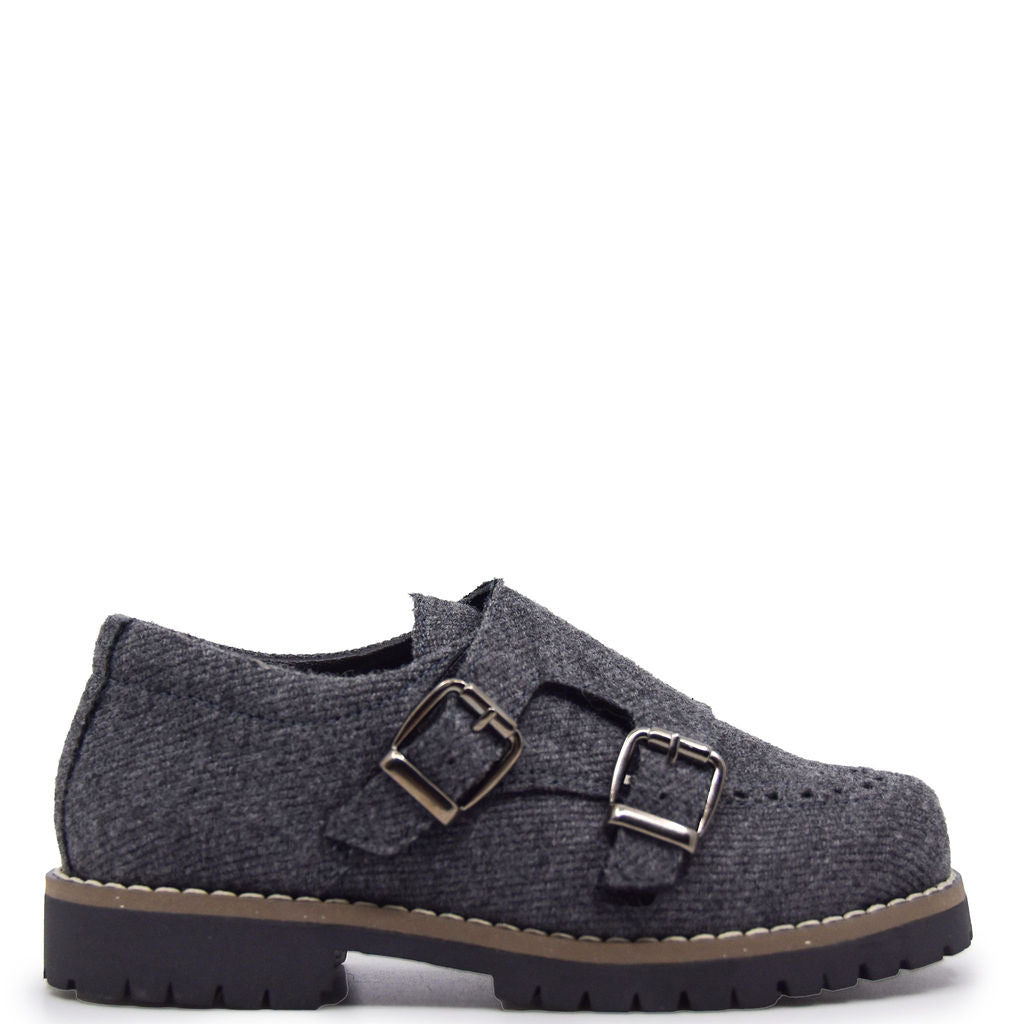 Blublonc Gray Flannel Double Monk Wingtip Shoe-Tassel Children Shoes