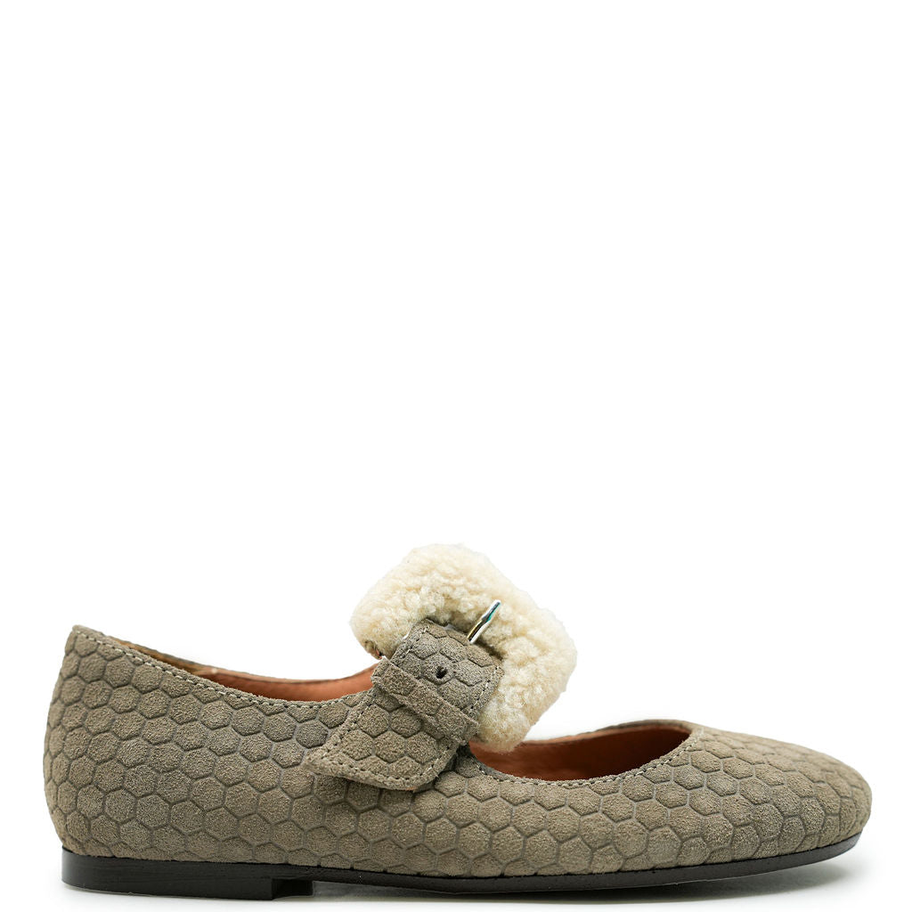 Papanatas Taupe Printed Buckle Mary Jane-Tassel Children Shoes