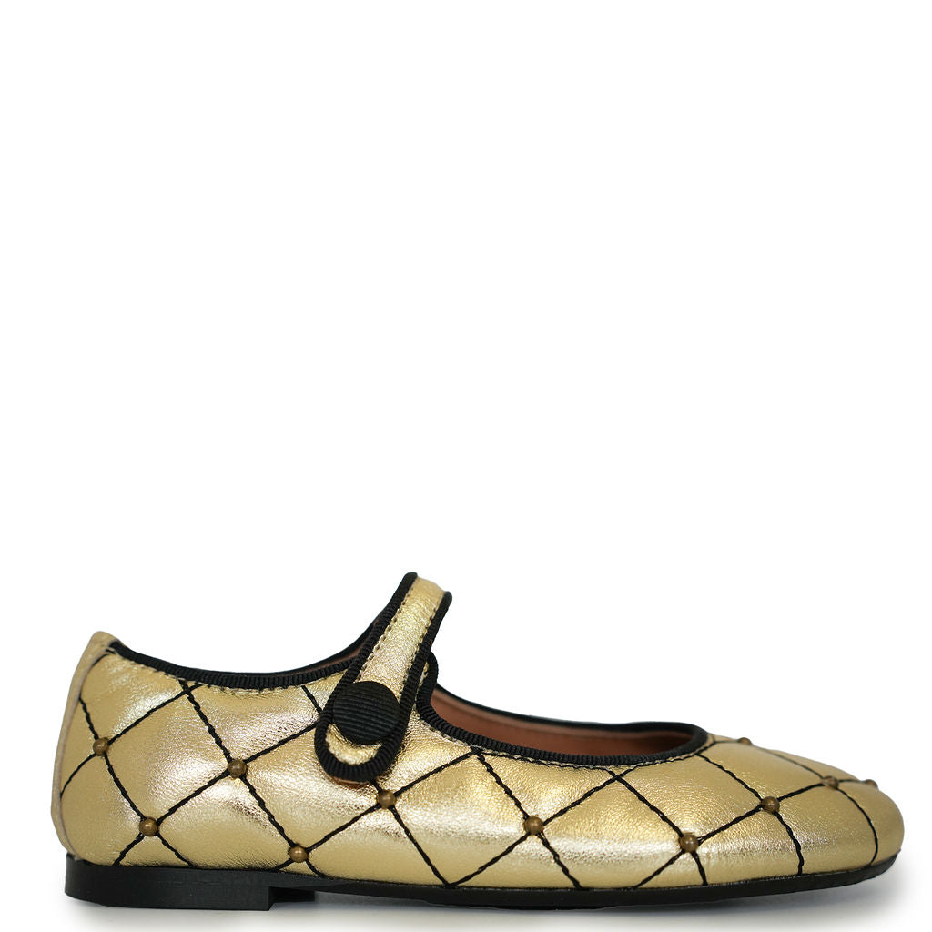 Papanatas Gold Quilted Stud Mary Jane-Tassel Children Shoes