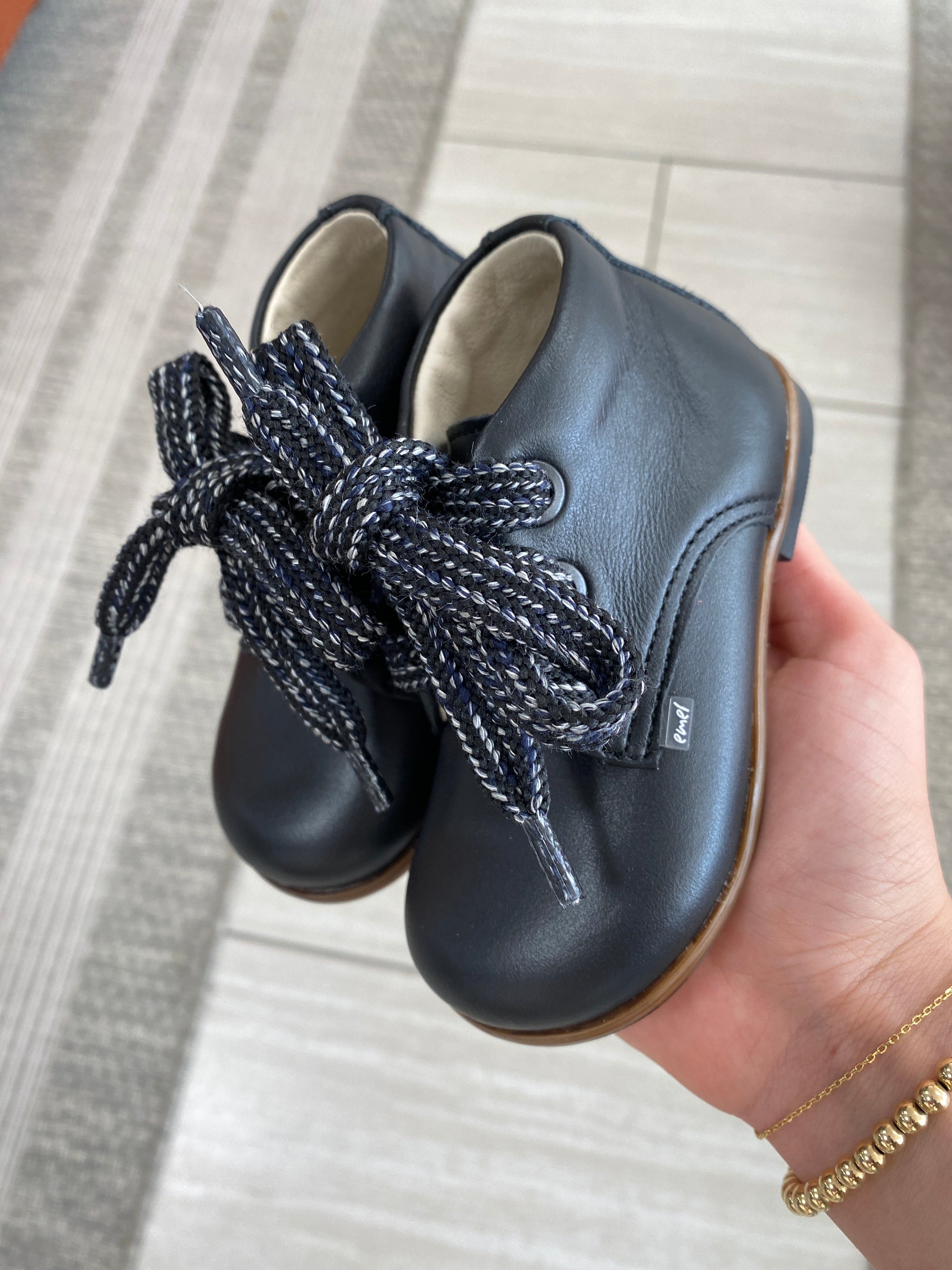 Emel Black Leather Sweater Lace Baby Bootie-Tassel Children Shoes