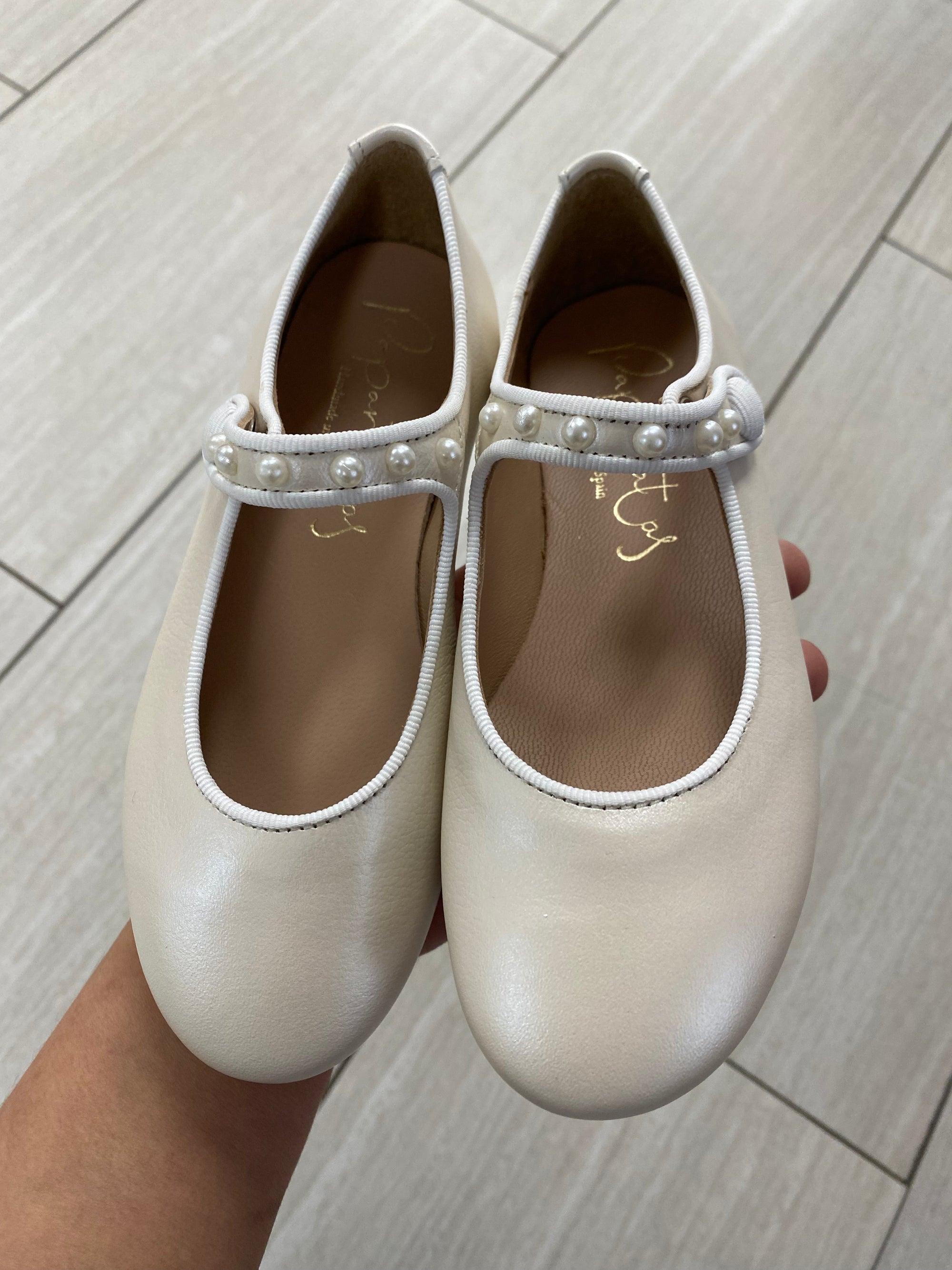 Papanatas Ivory Pebbled Pearl Mary Jane-Tassel Children Shoes