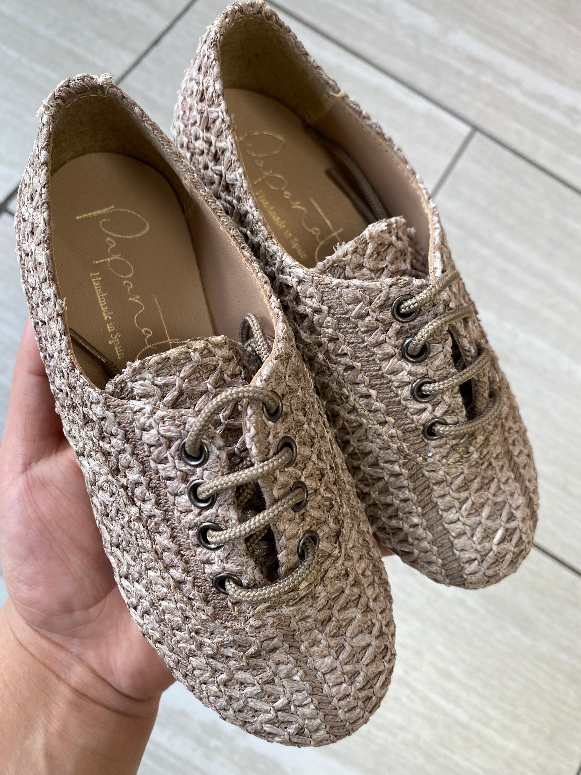 Papanatas Taupe Wicker LaceUp-Tassel Children Shoes