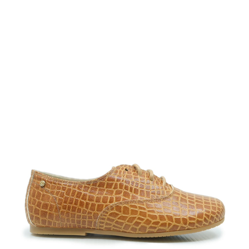 Manuela Cognac Croc Lace Up-Tassel Children Shoes